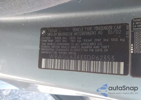 2003 BMW 745I from USA, damaged, VIN WBAGL63433DP62353